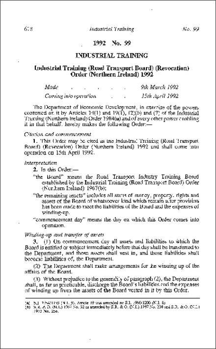The Industrial Training (Road Transport Board) (Revocation) Order (Northern Ireland) 1992