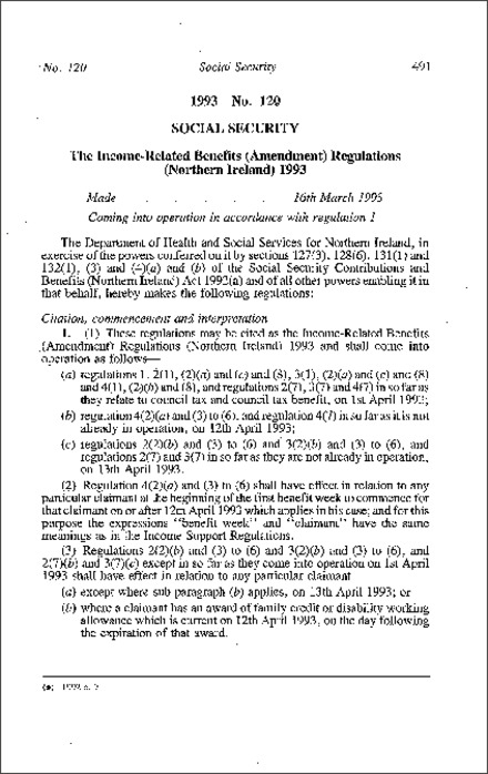 The Income-Related Benefits (Amendment) Regulations (Northern Ireland) 1993