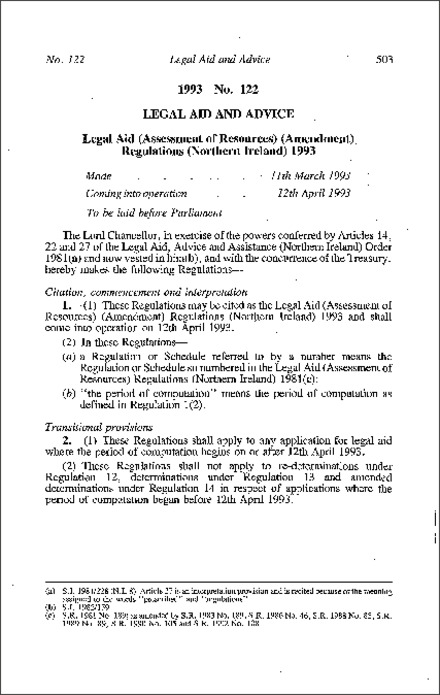 The Legal Aid (Assessment of Resources) (Amendment) Regulations (Northern Ireland) 1993