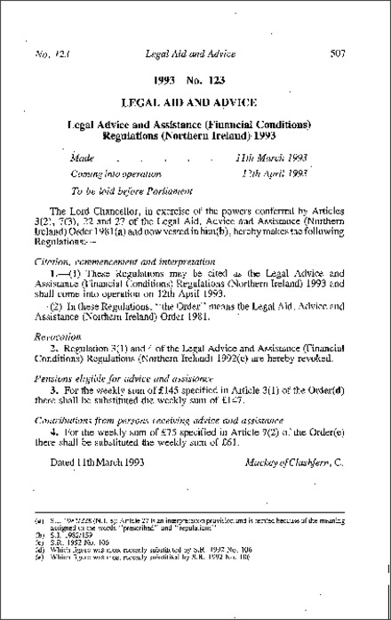 The Legal Advice and Assistance (Financial Conditions) Regulations (Northern Ireland) 1993
