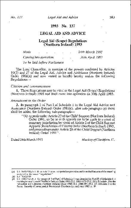 The Legal Aid (Scope) Regulations (Northern Ireland) 1993