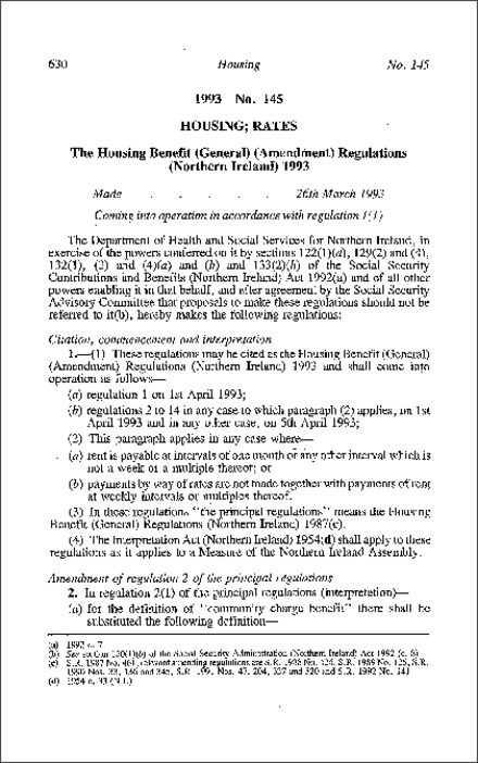 The Housing Benefit (General) (Amendment) Regulations (Northern Ireland) 1993