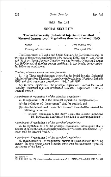The Social Security (Industrial Injuries) (Prescribed Diseases) (Amendment) Regulations (Northern Ireland) 1993