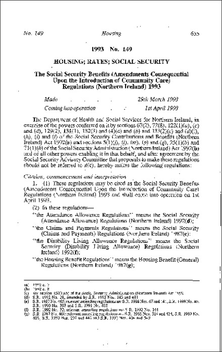 The Social Security Benefits (Amendments Consequential Upon the Introduction of Community Care) Regulations (Northern Ireland) 1993