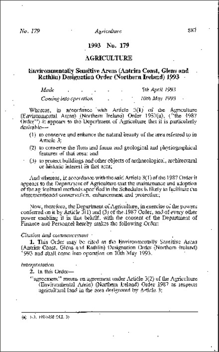 The Environmentally Sensitive Areas (Antrim Coast, Glens and Rathlin) Designation Order (Northern Ireland) 1993
