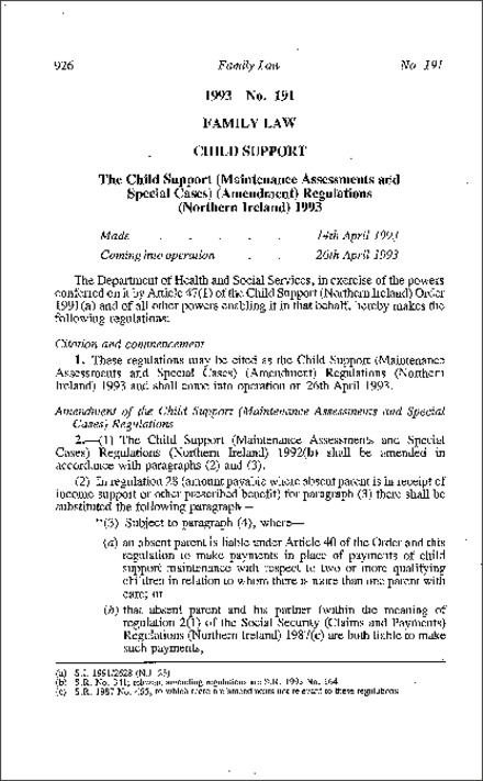 The Child Support (Maintenance Assessments and Special Cases) (Amendment) Regulations (Northern Ireland) 1993