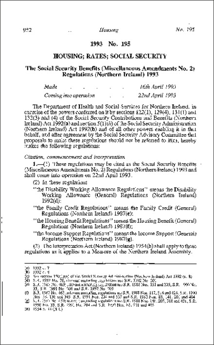 The Social Security Benefits (Miscellaneous Amendment No. 2) Regulations (Northern Ireland) 1993