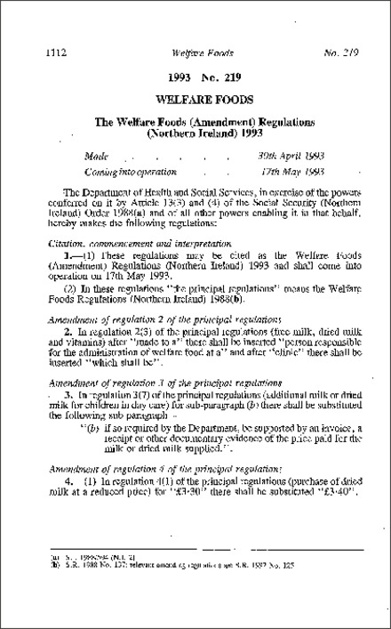 The Welfare Foods (Amendment) Regulations (Northern Ireland) 1993