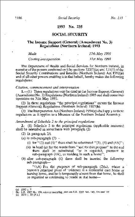 The Income Support (General) (Amendment No. 3) Regulations (Northern Ireland) 1993