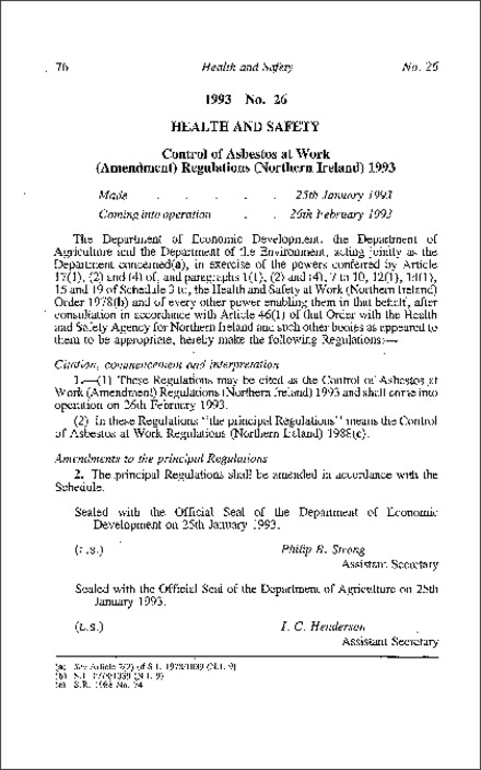The Control of Asbestos at Work (Amendment) Regulations (Northern Ireland) 1993