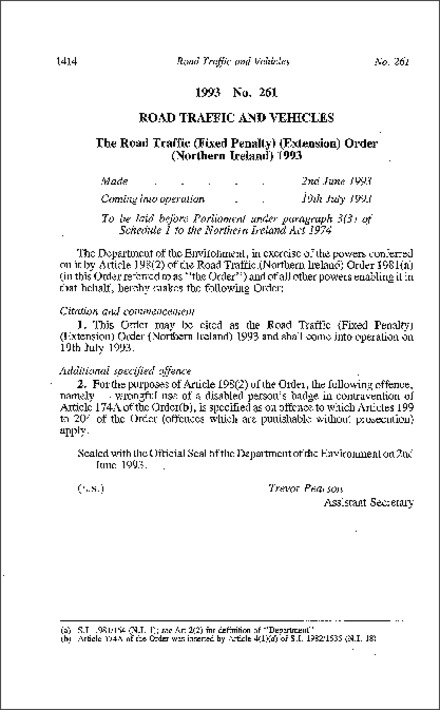 The Road Traffic (Fixed Penalty) (Extension) Order (Northern Ireland) 1993