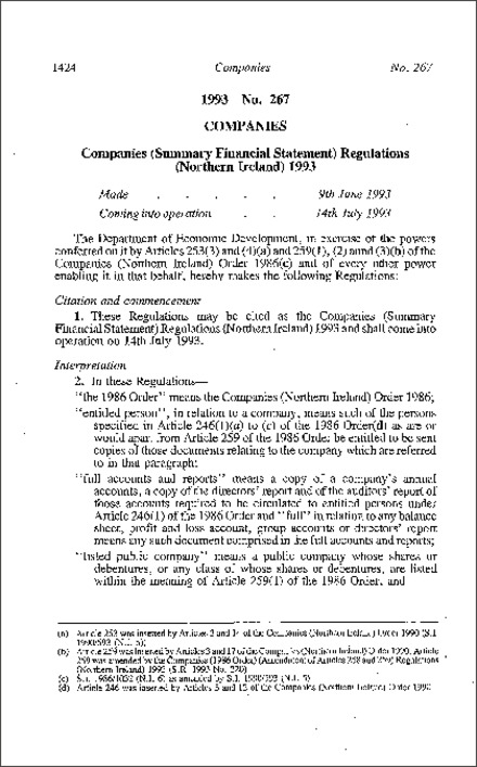 The Companies (Summary Financial Statement) Regulations (Northern Ireland) 1993