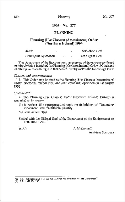 The Planning (Use Classes) (Amendment) Order (Northern Ireland) 1993