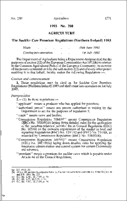 The Suckler Cow Premium Regulations (Northern Ireland) 1993