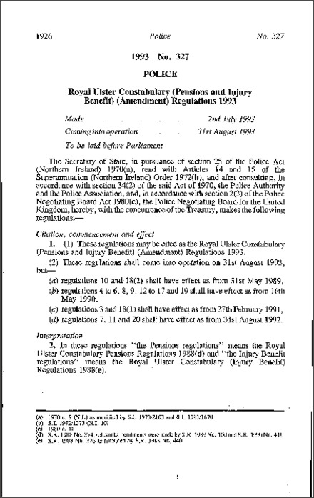 The Royal Ulster Constabulary (Pensions and Injury Benefit) (Amendment) Regulations (Northern Ireland) 1993
