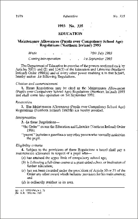 The Maintenance Allowances (Pupils over Compulsory School Age) Regulations (Northern Ireland) 1993