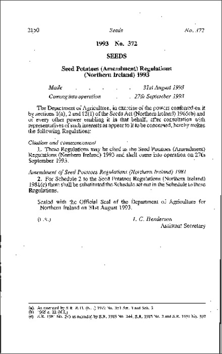 The Seed Potatoes (Amendment) Regulations (Northern Ireland) 1993