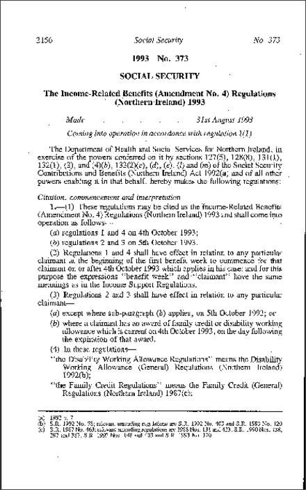 The Income-Related Benefits (Amendment No. 4) Regulations (Northern Ireland) 1993