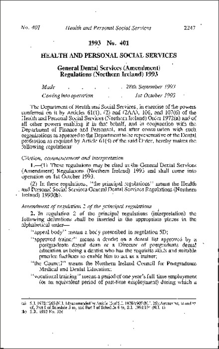The General Dental Services (Amendment) Regulations (Northern Ireland) 1993