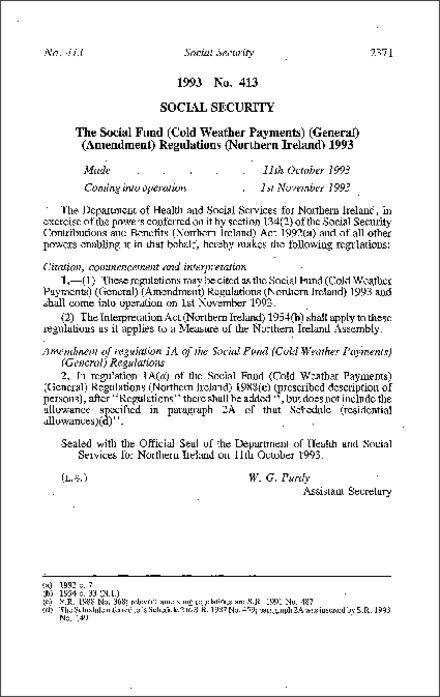 The Social Fund (Cold Weather Payments) (General) (Amendment) Regulations (Northern Ireland) 1993