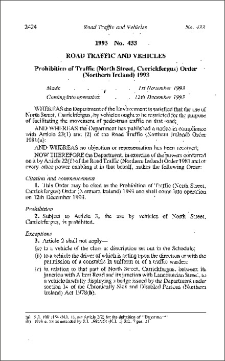 The Prohibition of Traffic (North Street, Carrickfergus) Order (Northern Ireland) 1993