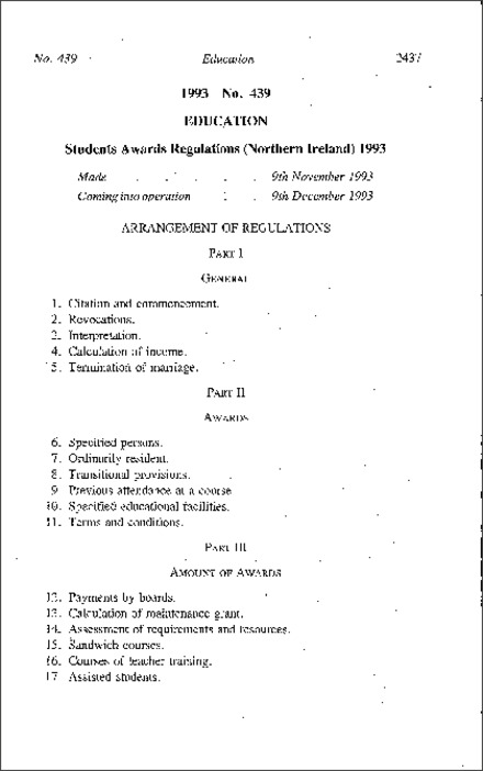 The Students Awards Regulations (Northern Ireland) 1993