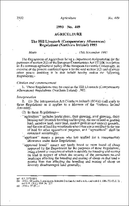 The Hill Livestock (Compensatory Allowances) Regulations (Northern Ireland) 1993