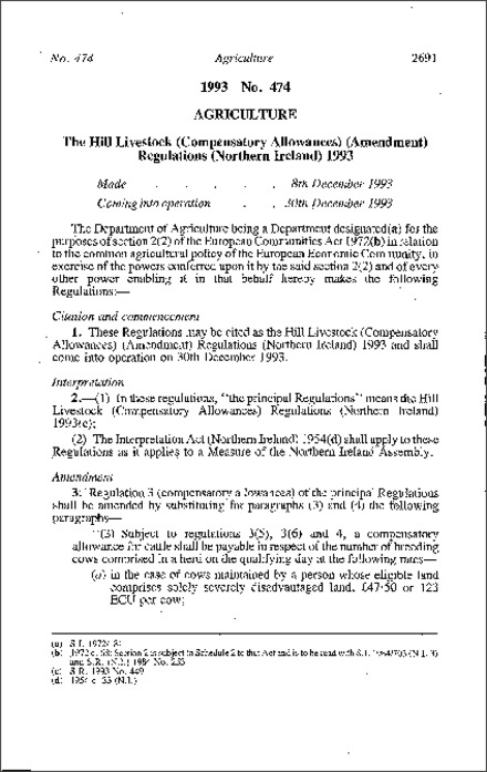 The Hill Livestock (Compensatory Allowances) (Amendment) Regulations (Northern Ireland) 1993