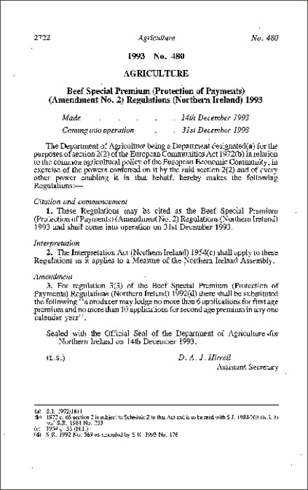 The Beef Special Premium (Protection of Payments) (Amendment No. 2) Regulations (Northern Ireland) 1993
