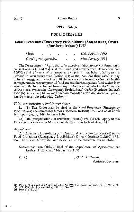 The Food Protection (Emergency Prohibitions) (Amendment) Order (Northern Ireland) 1993