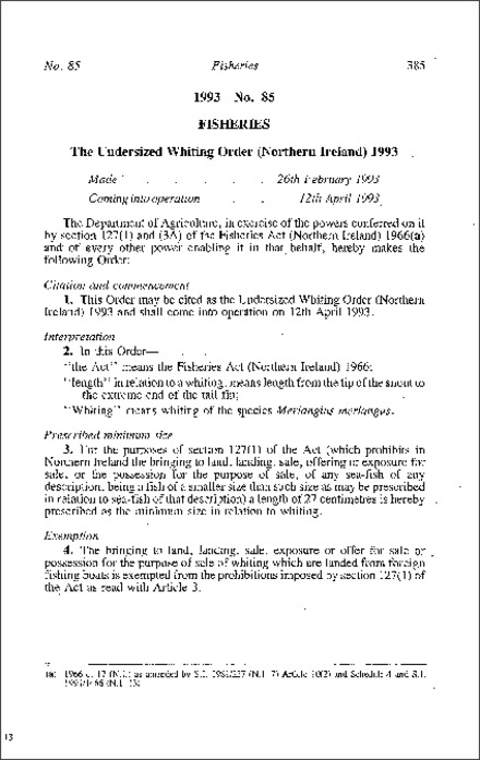 The Undersized Whiting Order (Northern Ireland) 1993