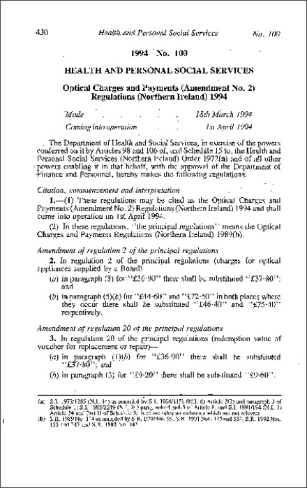 The Optical Charges and Payments (Amendment No. 2) Regulations (Northern Ireland) 1994
