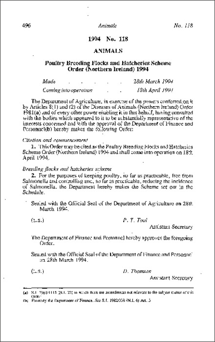 The Poultry Breeding Flocks and Hatcheries Scheme Order (Northern Ireland) 1994