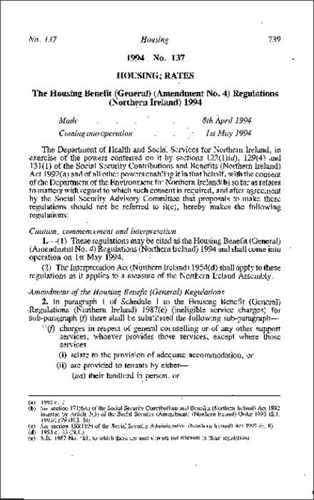 The Housing Benefit (General) (Amendment No. 4) Regulations (Northern Ireland) 1994
