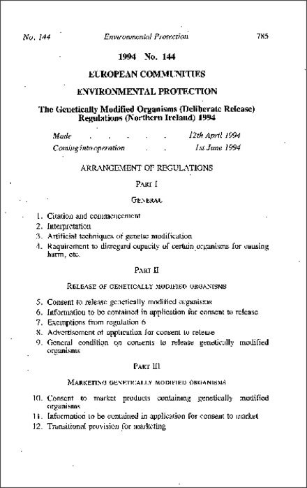 The Genetically Modified Organisms (Deliberate Release) Regulations (Northern Ireland) 1994