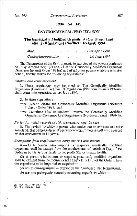 The Genetically Modified Organisms (Contained Use) (No. 2) Regulations (Northern Ireland) 1994