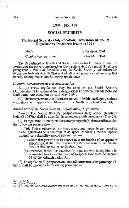 The Social Security (Adjudication) (Amendment No. 2) Regulations (Northern Ireland) 1994