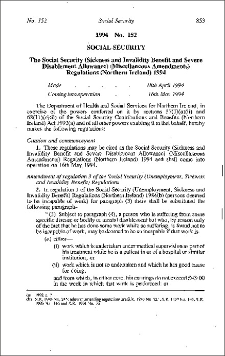 The Social Security (Sickness and Invalidity Benefit and Severe Disablement Allowance) (Miscellaneous Amendment) Regulations (Northern Ireland) 1994