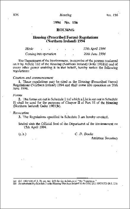 The Housing (Prescribed Forms) Regulations (Northern Ireland) 1994
