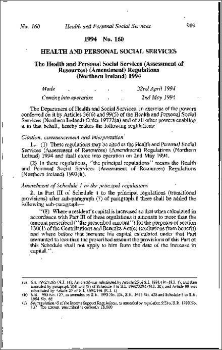 The Health and Personal Social Services (Assessment of Resources) (Amendment) Regulations (Northern Ireland) 1994