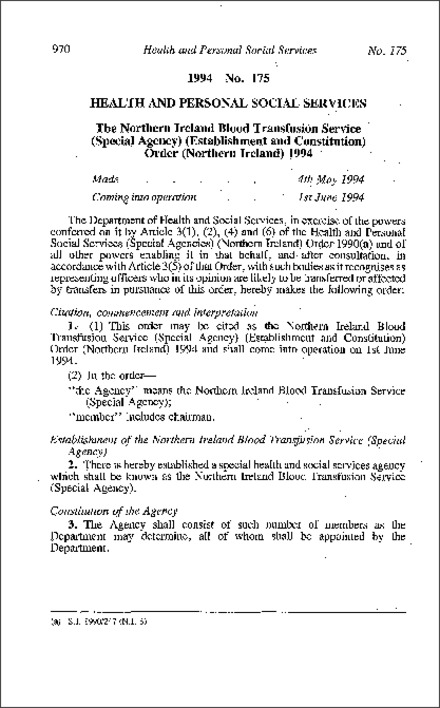 The Northern Ireland Blood Transfusion Service (Special Agency) (Establishment and Constitution) Order (Northern Ireland) 1994