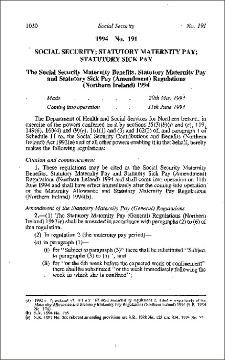 The Social Security Maternity Benefits, Statutory Maternity Pay and Statutory Sick Pay (Amendment) Regulations (Northern Ireland) 1994