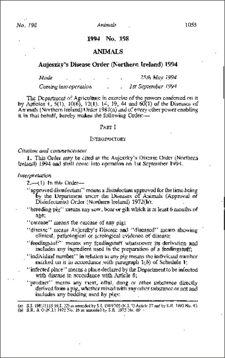 The Aujeszky's Disease Order (Northern Ireland) 1994