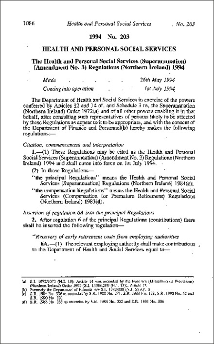 The Health and Personal Social Services (Superannuation) (Amendment No. 3) Regulations (Northern Ireland) 1994