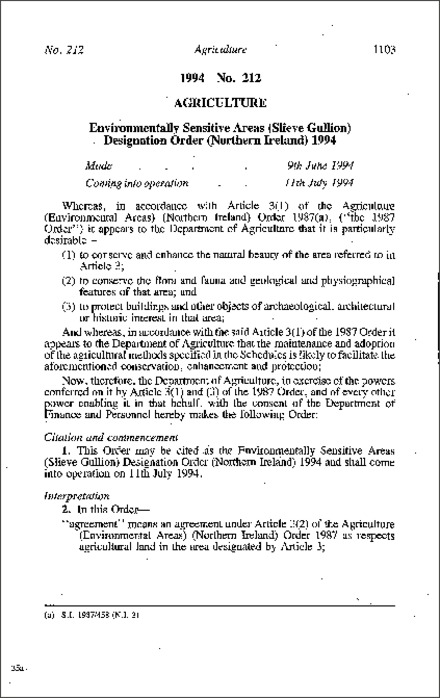 The Environmentally Sensitive Areas (Slieve Gullion) Designation Order (Northern Ireland) 1994
