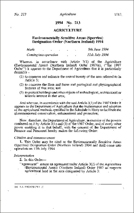 The Environmentally Sensitive Areas (Sperrins) Designation Order (Northern Ireland) 1994