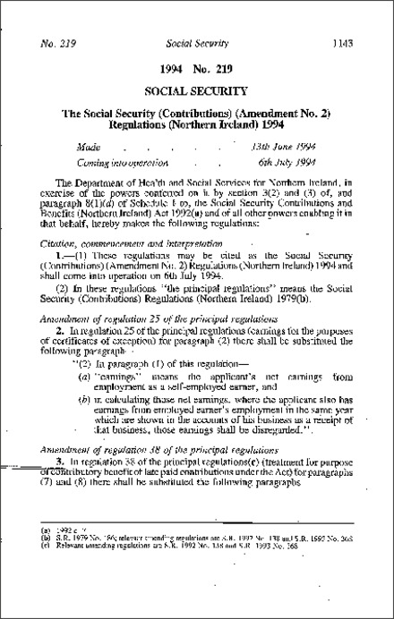 The Social Security (Contributions) (Amendment No. 2) Regulations (Northern Ireland) 1994