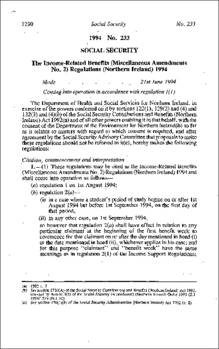 The Income-Related Benefits (Miscellaneous Amendment No. 2) Regulations (Northern Ireland) 1994