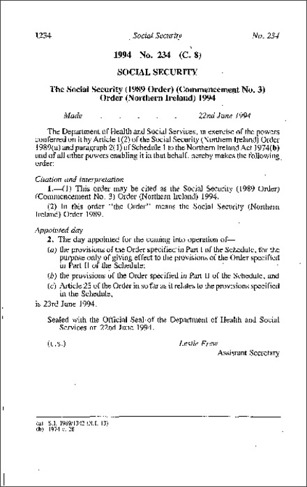 The Social Security (1989 Order) (Commencement No. 3) Order (Northern Ireland) 1994
