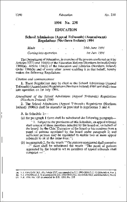 The School Admissions (Appeal Tribunals) (Amendment) Regulations (Northern Ireland) 1994
